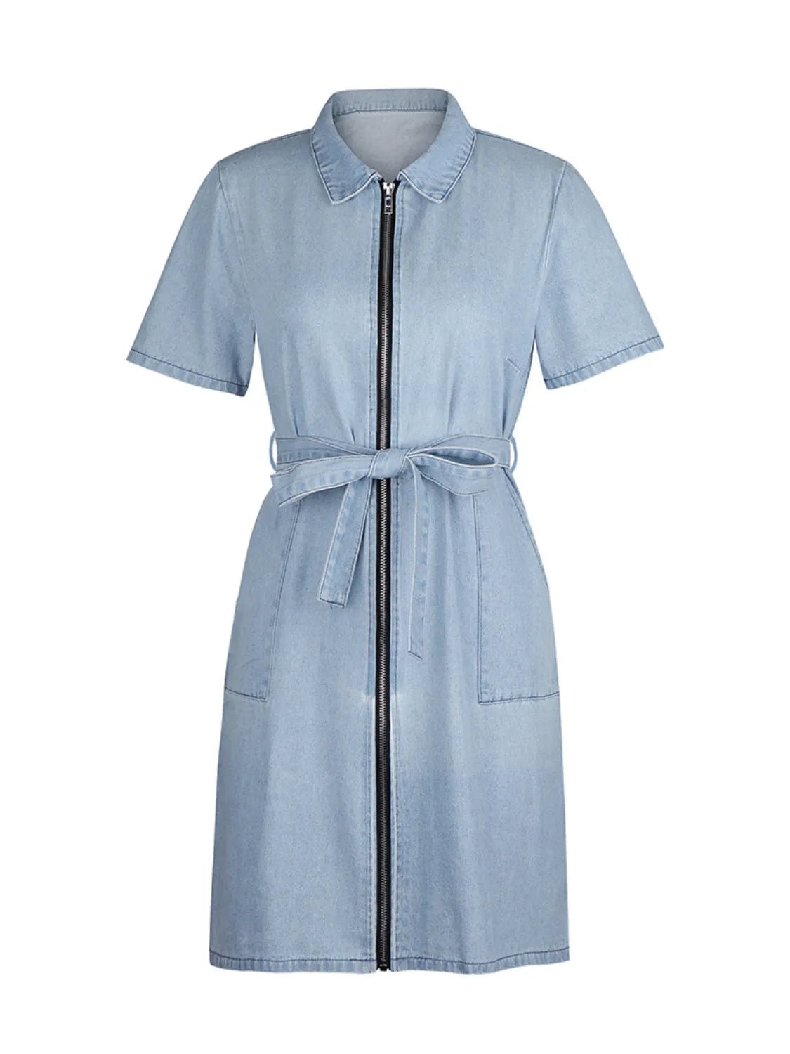 Full Size Zip Front Short Sleeve Denim Dress Plus Size - Lara Moda