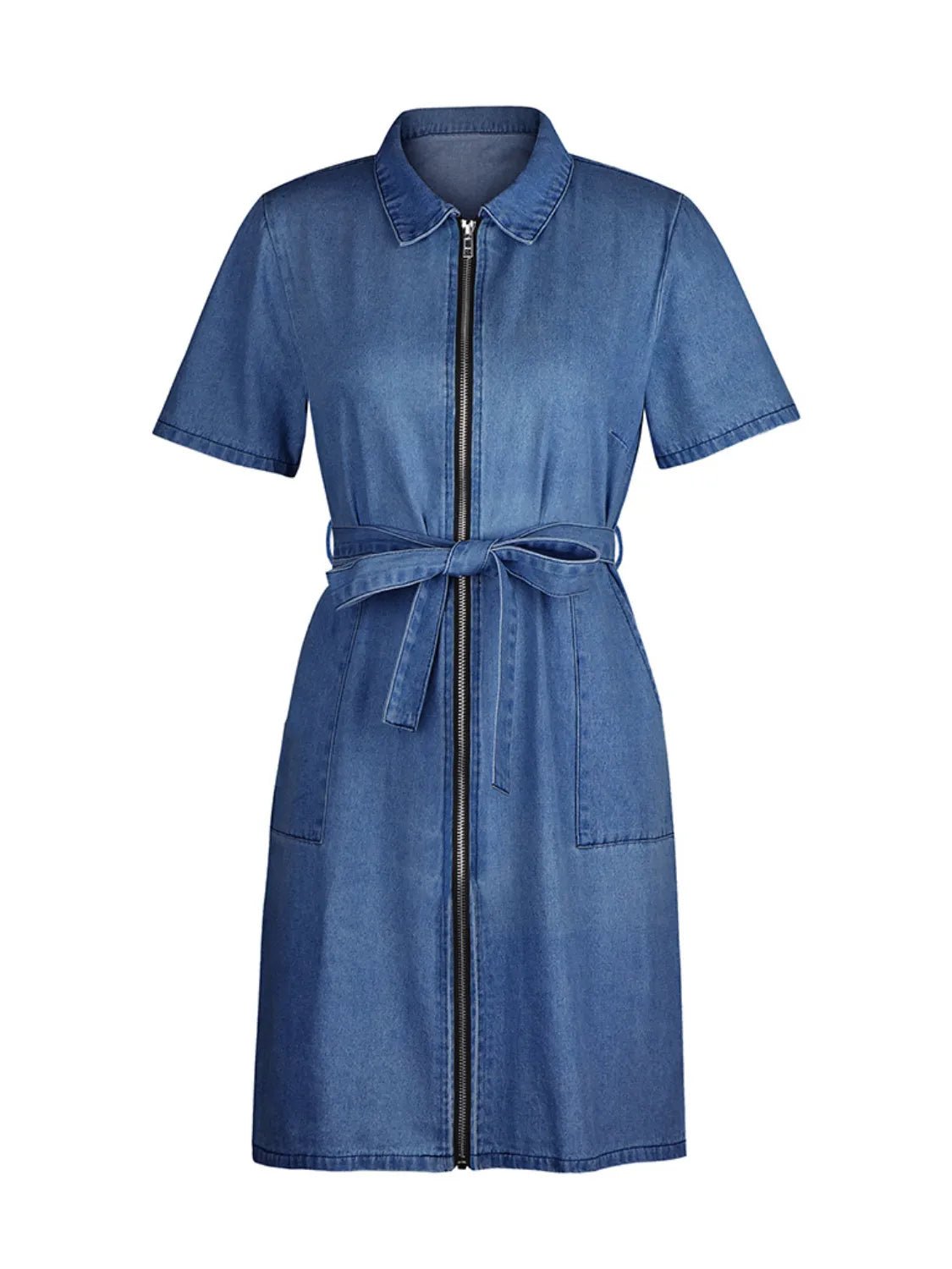 Full Size Zip Front Short Sleeve Denim Dress Plus Size - Lara Moda