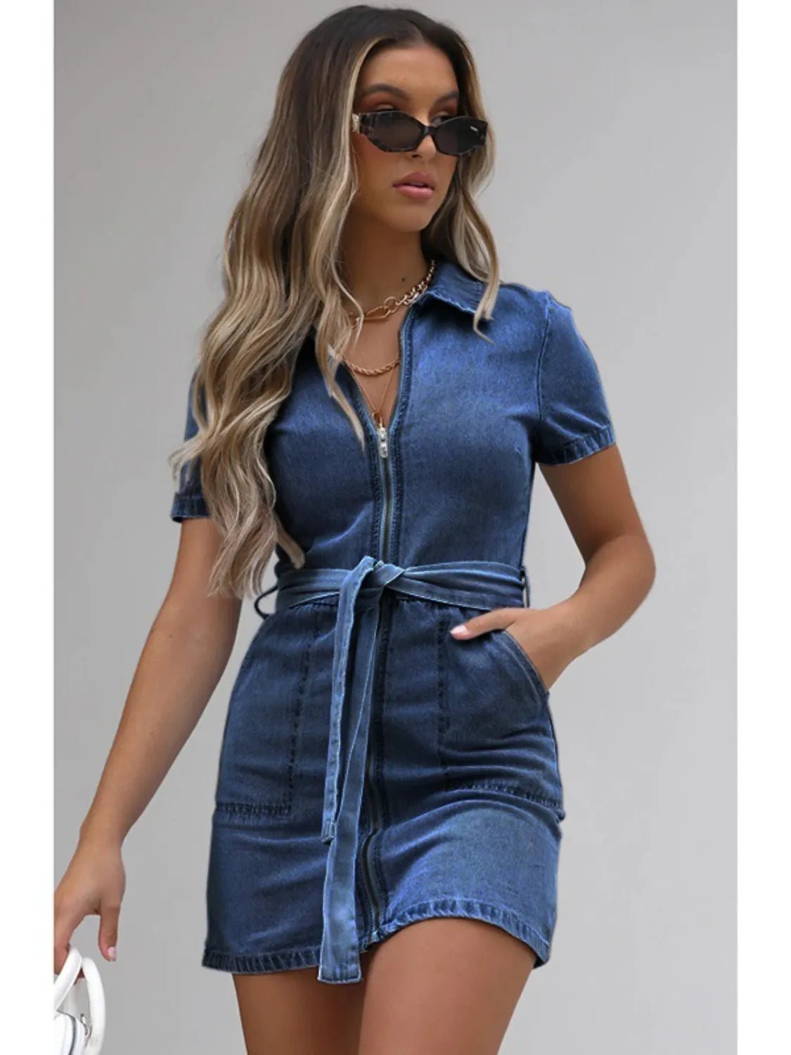Full Size Zip Front Short Sleeve Denim Dress Plus Size - Lara Moda