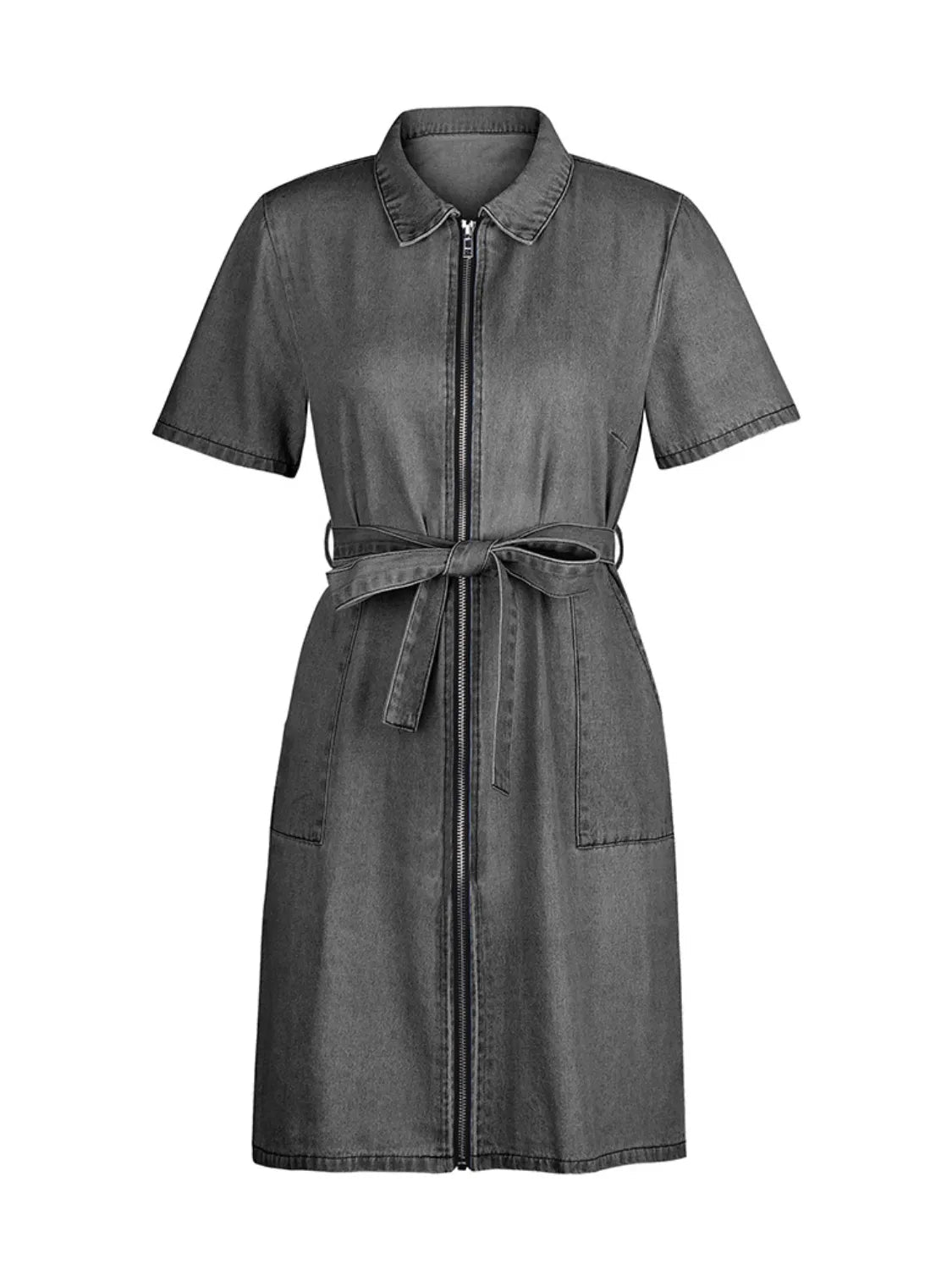 Full Size Zip Front Short Sleeve Denim Dress Plus Size - Lara Moda