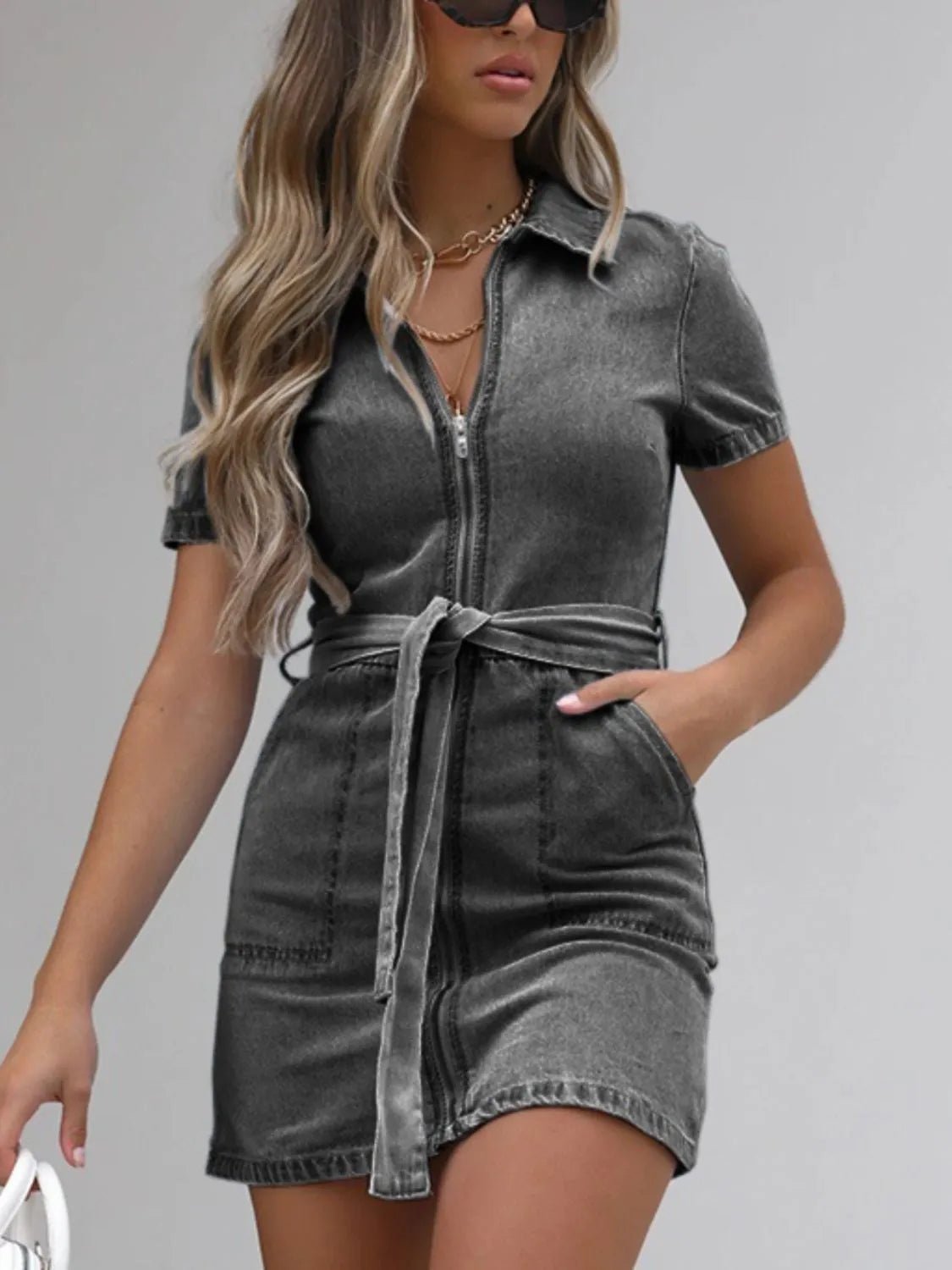 Full Size Zip Front Short Sleeve Denim Dress Plus Size - Lara Moda