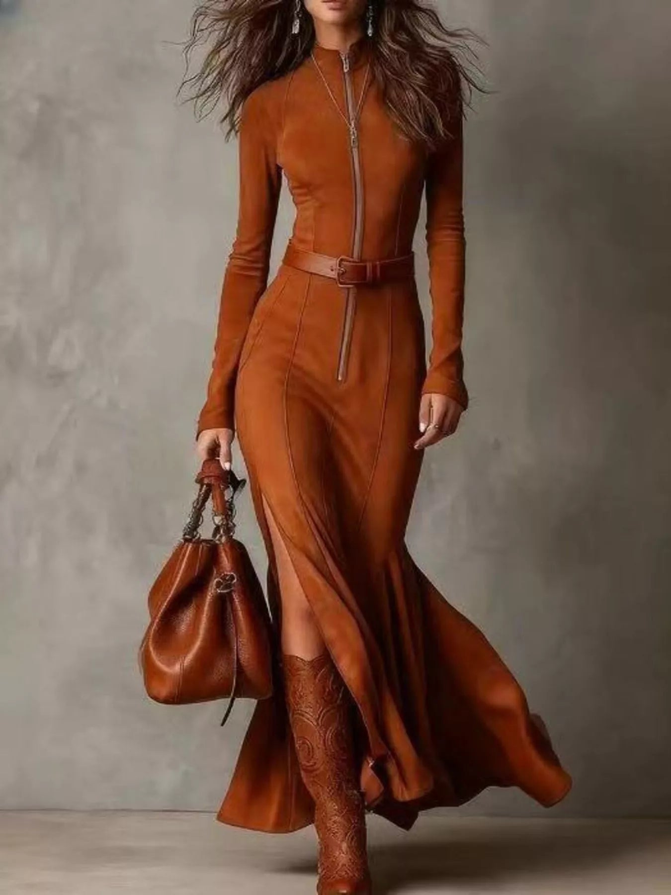 Full Size Zipper Front Long Sleeve Slit Maxi Dress Plus Size - Lara Moda