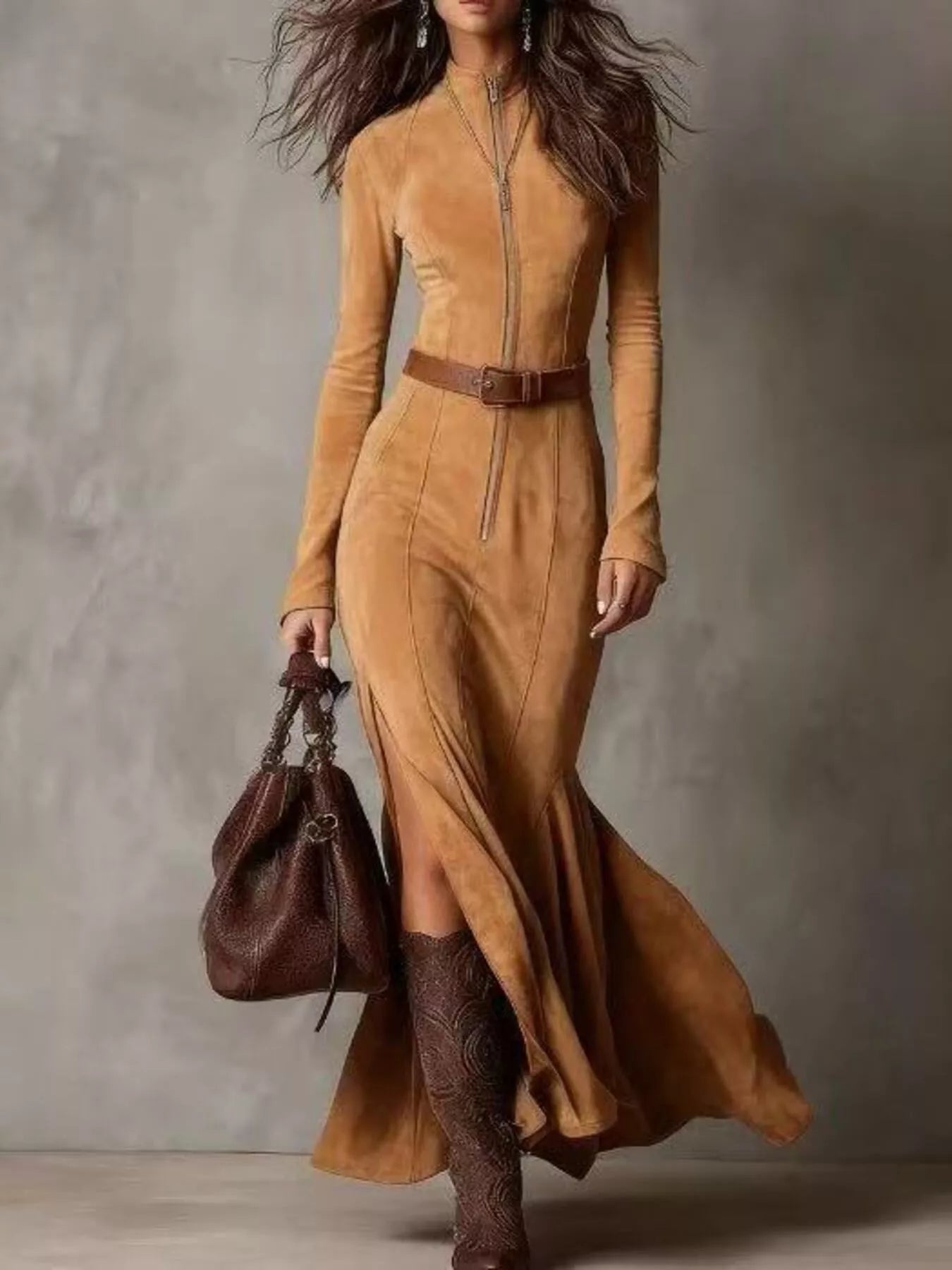 Full Size Zipper Front Long Sleeve Slit Maxi Dress Plus Size - Lara Moda