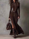 Full Size Zipper Front Long Sleeve Slit Maxi Dress Plus Size - Lara Moda