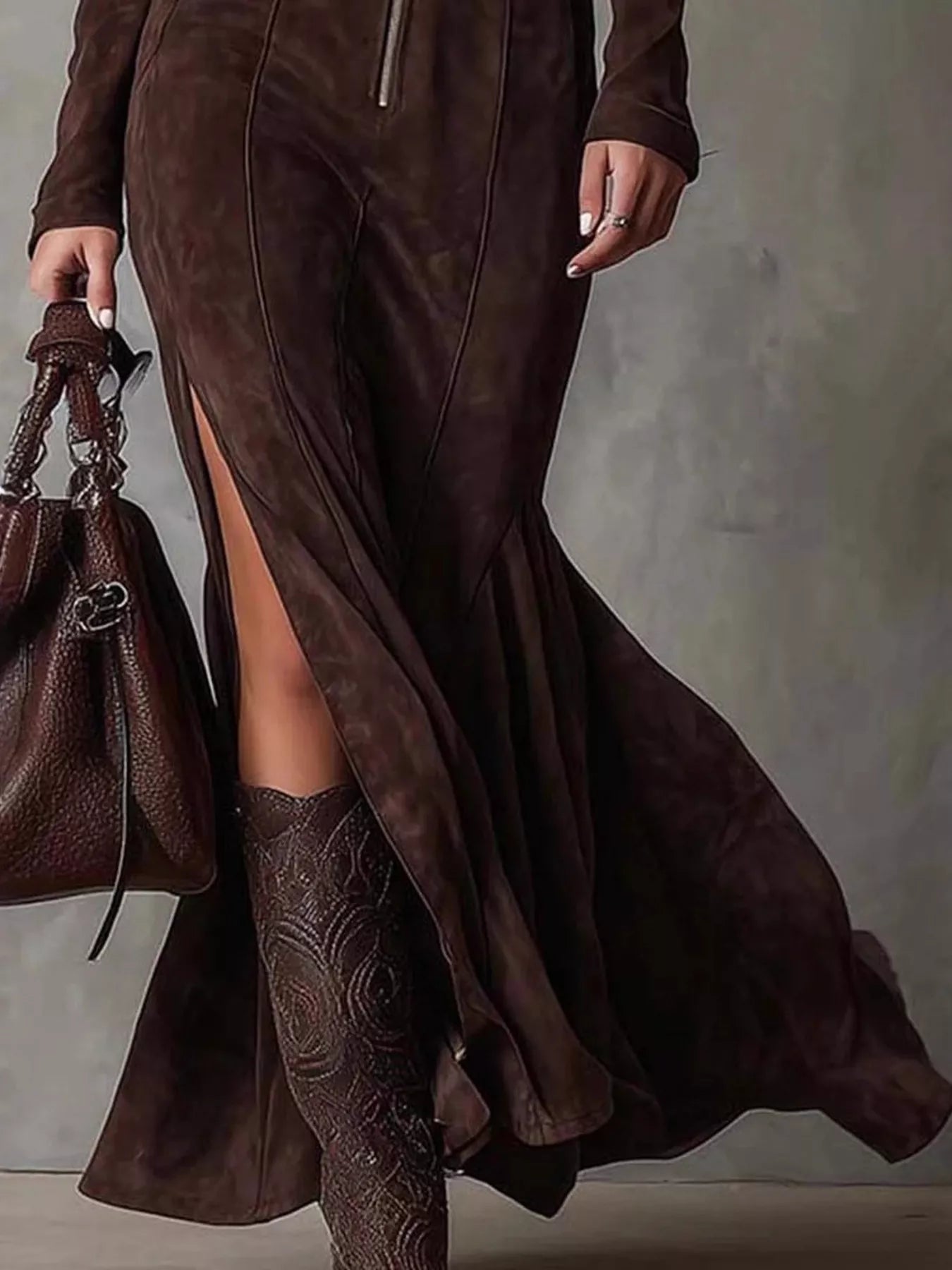 Full Size Zipper Front Long Sleeve Slit Maxi Dress Plus Size - Lara Moda
