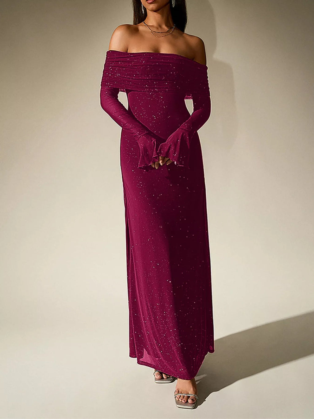 Glitter Off-Shoulder Maxi Dress - Lara Moda
