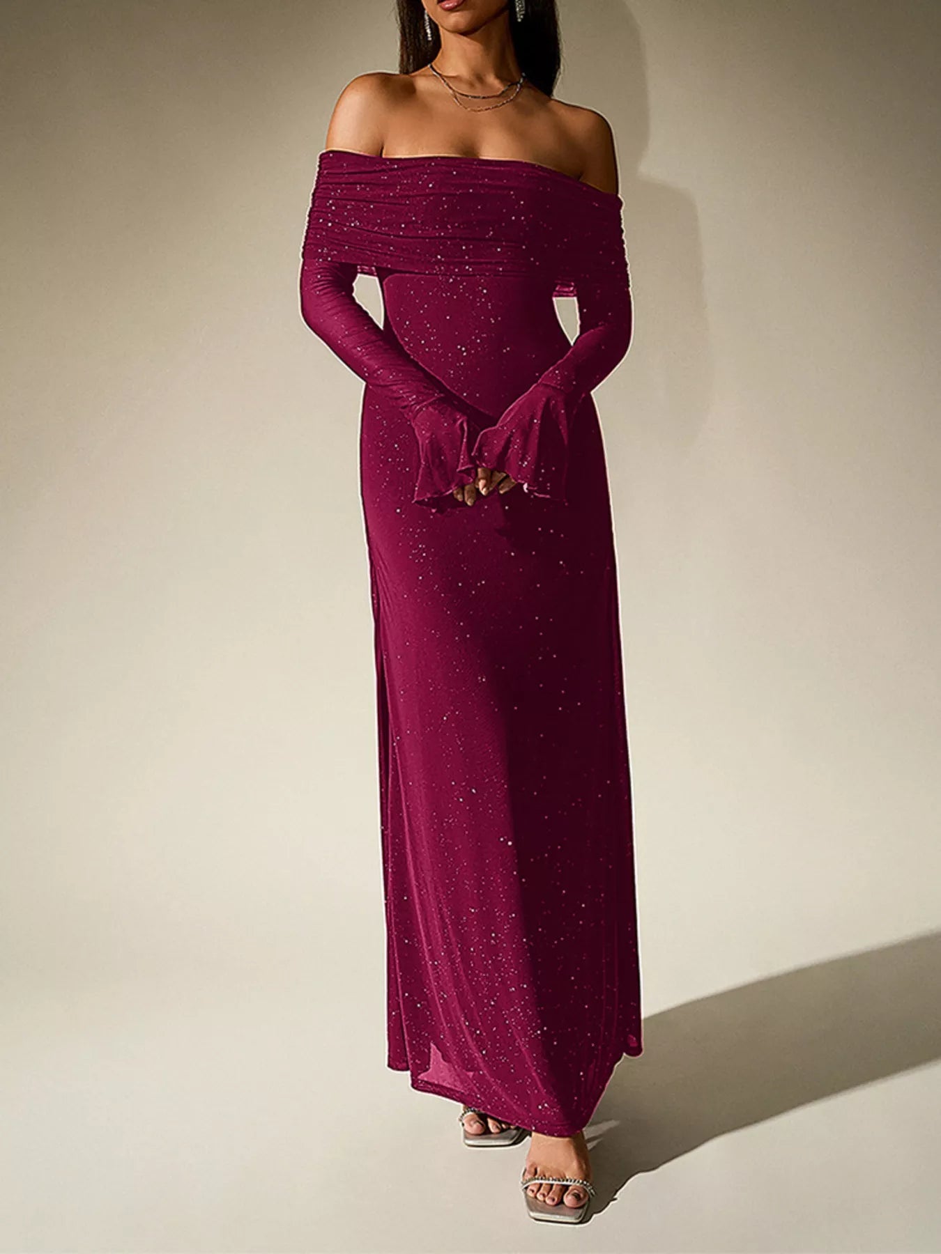 Glitter Off-Shoulder Maxi Dress - Lara Moda