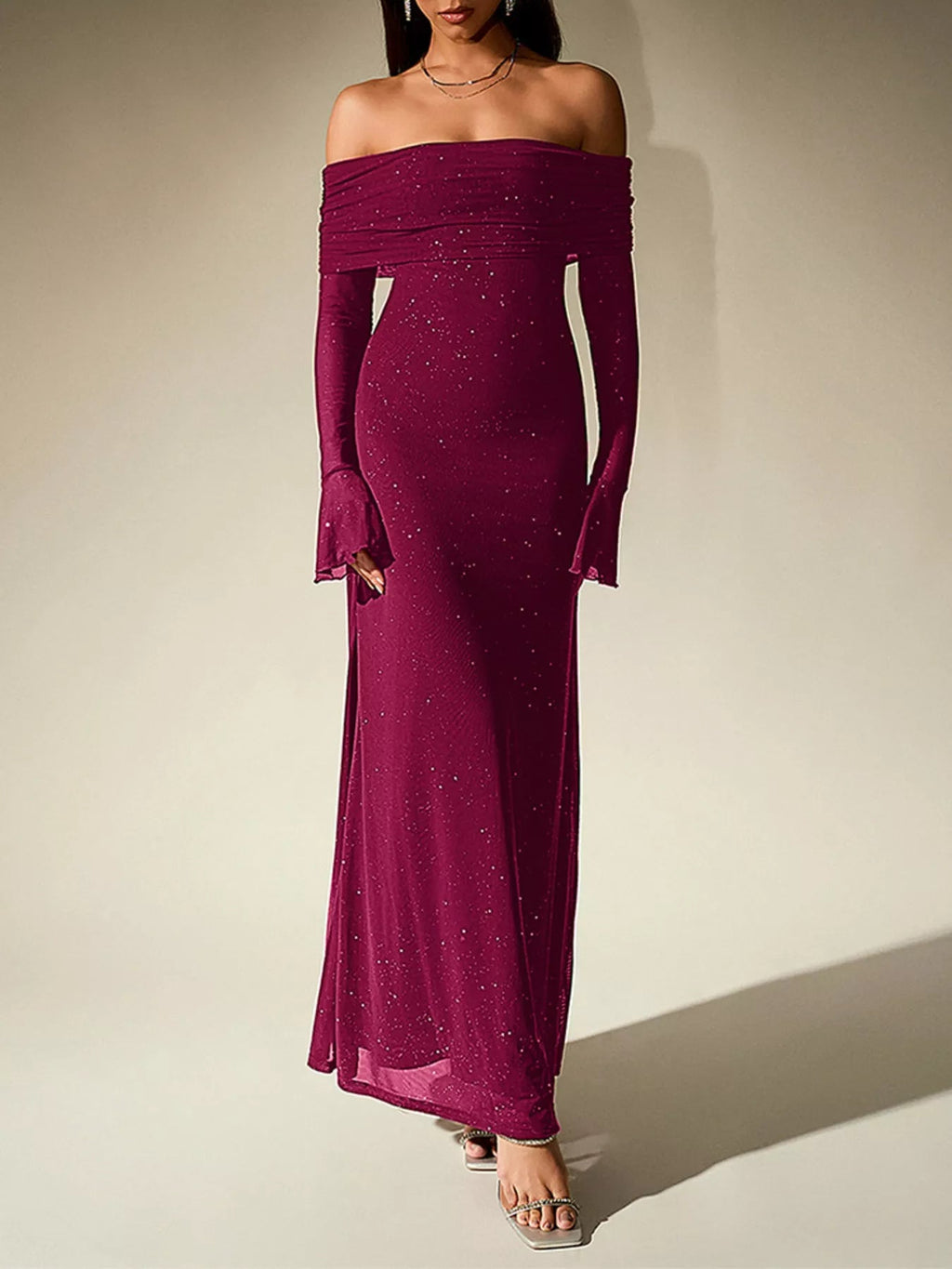 Glitter Off-Shoulder Maxi Dress - Lara Moda
