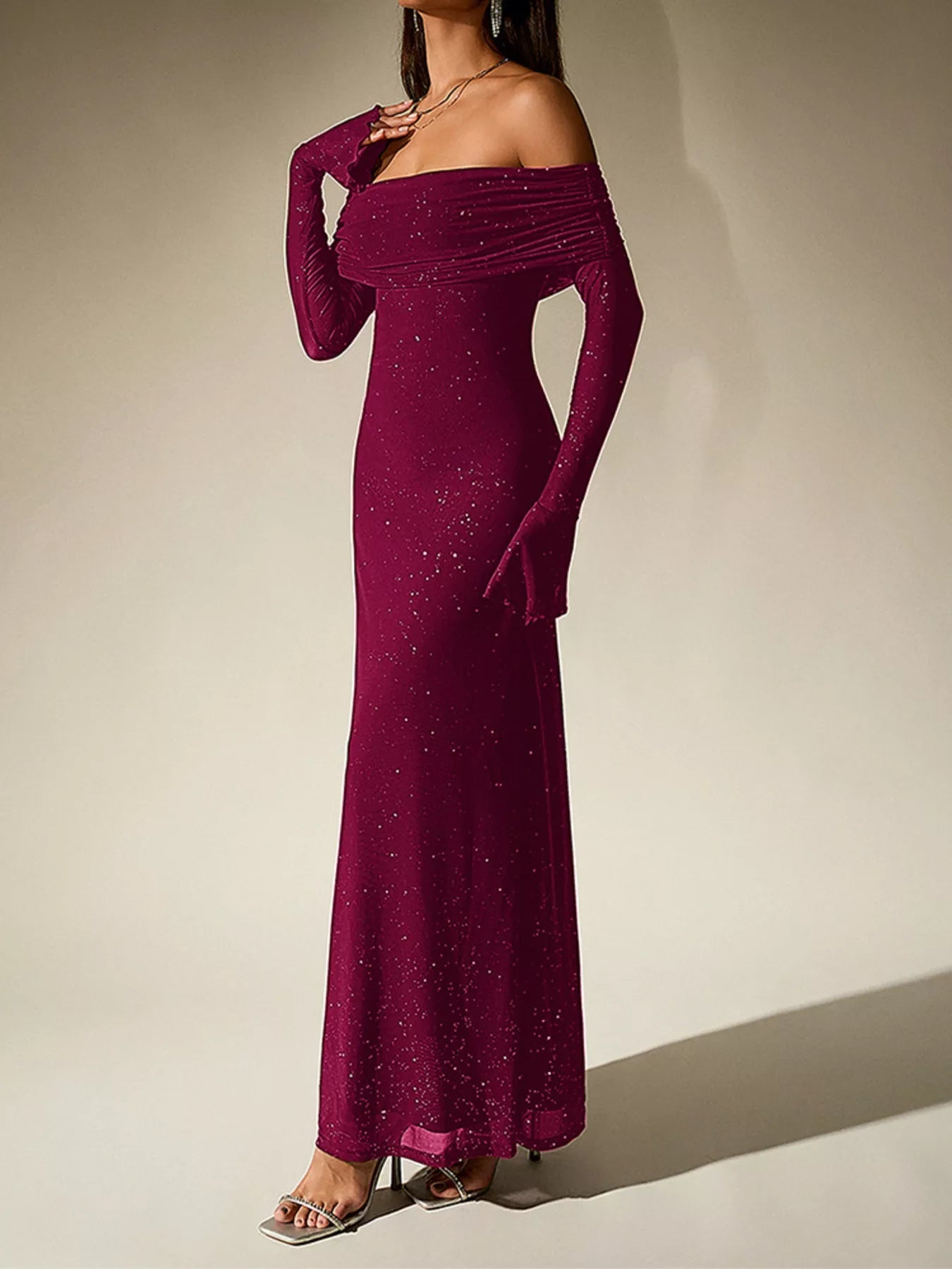 Glitter Off-Shoulder Maxi Dress - Lara Moda