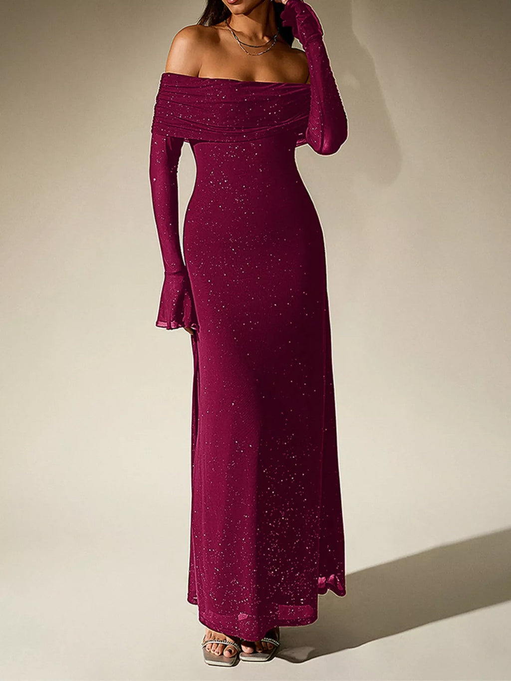Glitter Off-Shoulder Maxi Dress - Lara Moda