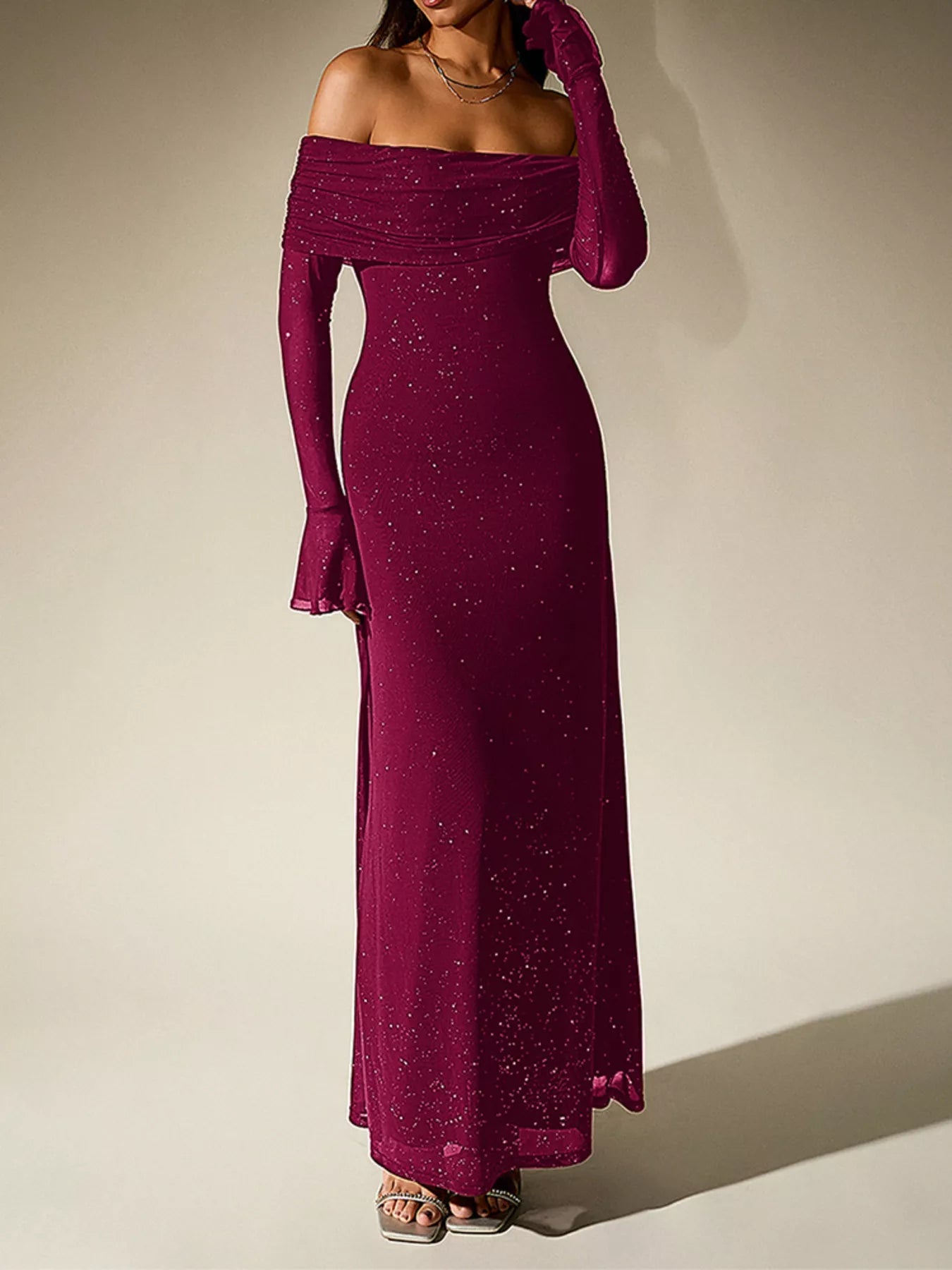 Glitter Off-Shoulder Maxi Dress - Lara Moda