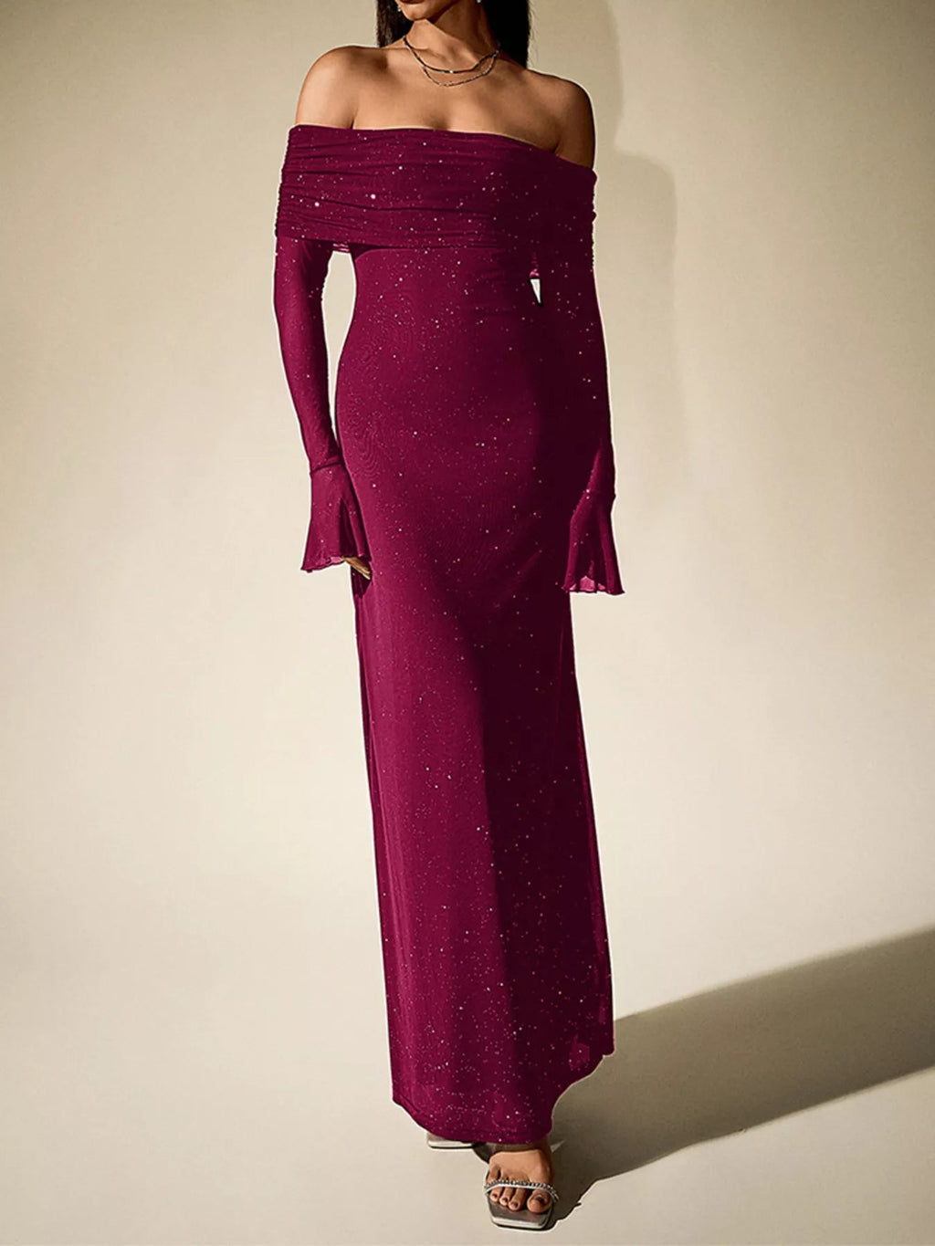Glitter Off-Shoulder Maxi Dress - Lara Moda