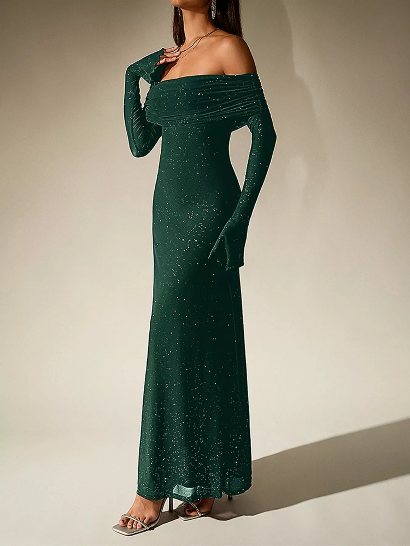 Glitter Off-Shoulder Maxi Dress - Lara Moda