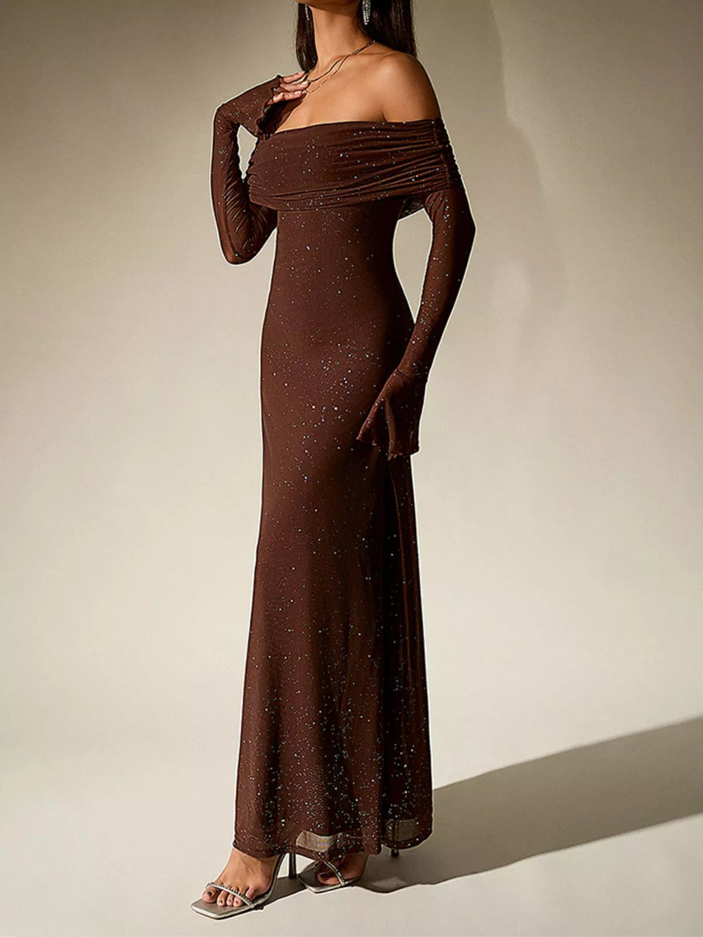 Glitter Off-Shoulder Maxi Dress - Lara Moda