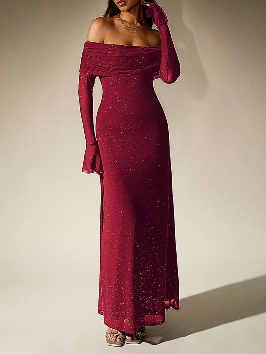 Glitter Off-Shoulder Maxi Dress - Lara Moda