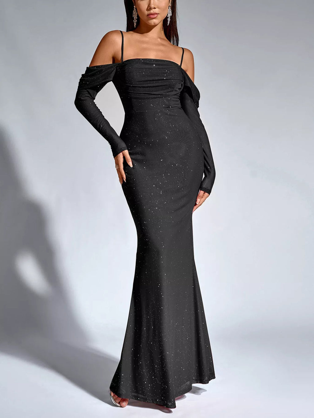 Glitter Ruched Long Sleeve Mermaid Maxi Dress - Lara Moda