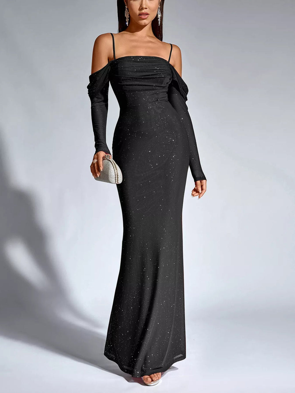 Glitter Ruched Long Sleeve Mermaid Maxi Dress - Lara Moda