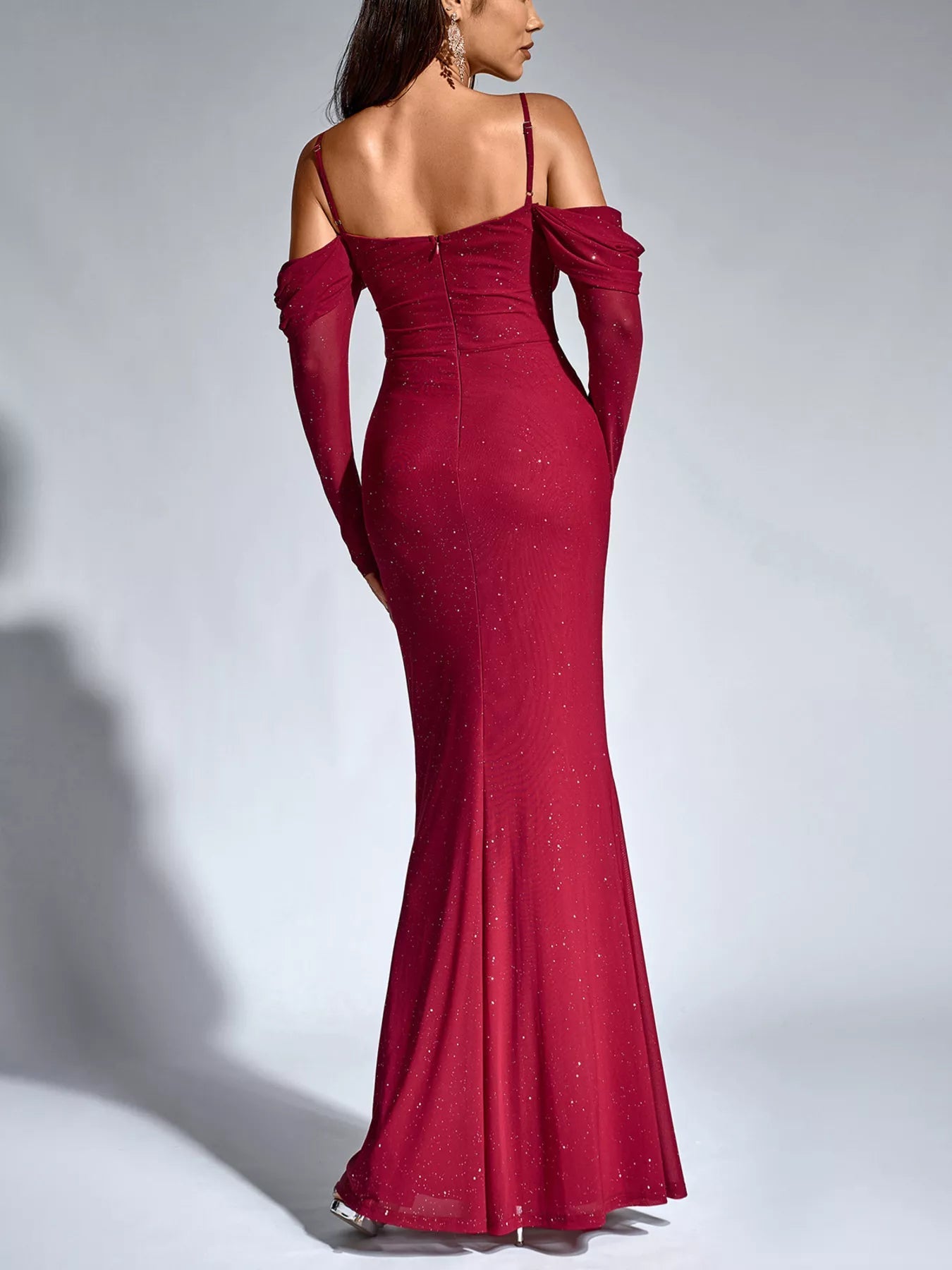Glitter Ruched Long Sleeve Mermaid Maxi Dress - Lara Moda
