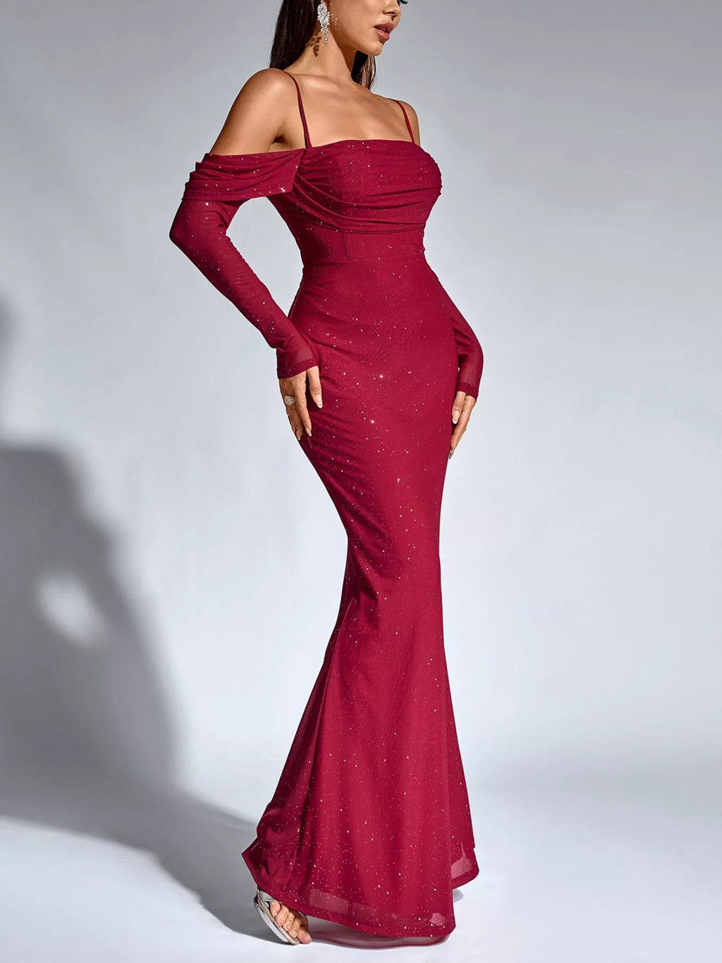 Glitter Ruched Long Sleeve Mermaid Maxi Dress - Lara Moda