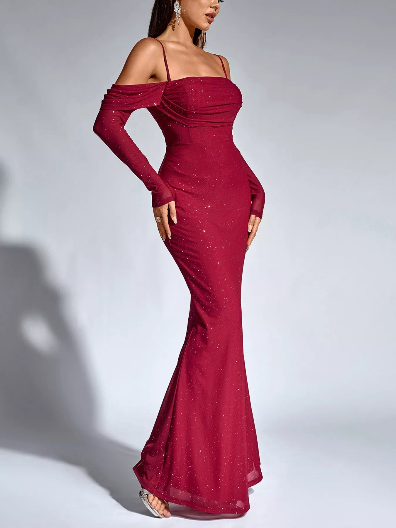 Glitter Ruched Long Sleeve Mermaid Maxi Dress - Lara Moda