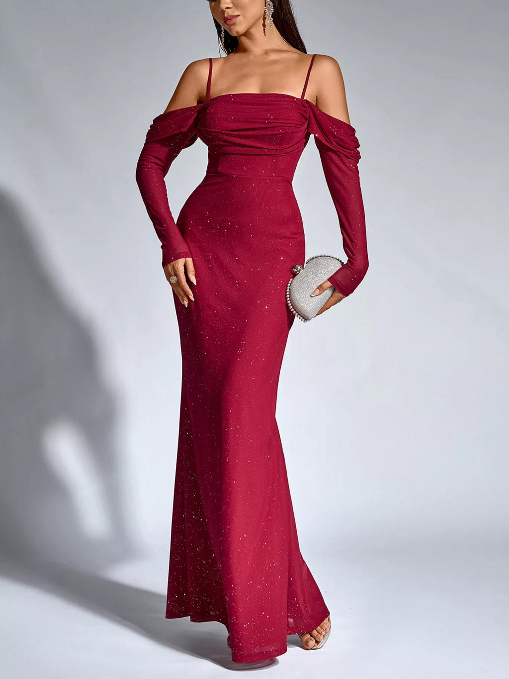 Glitter Ruched Long Sleeve Mermaid Maxi Dress - Lara Moda