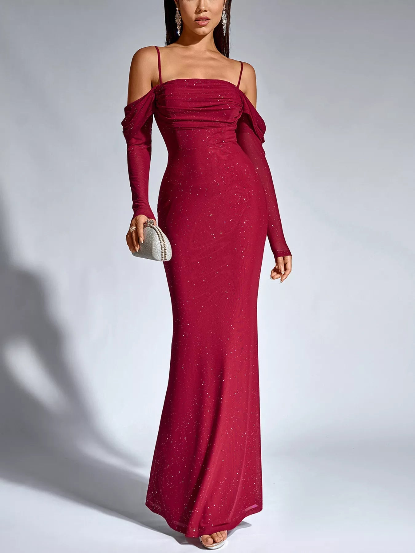 Glitter Ruched Long Sleeve Mermaid Maxi Dress - Lara Moda