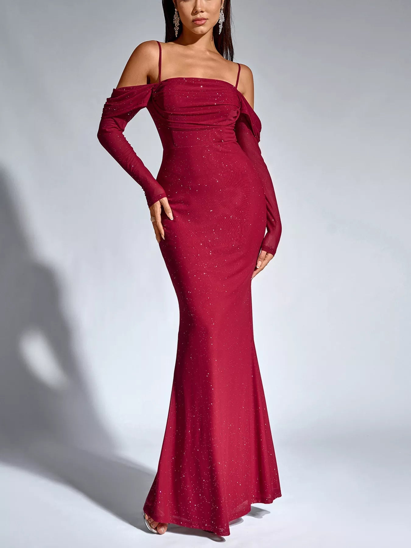Glitter Ruched Long Sleeve Mermaid Maxi Dress - Lara Moda