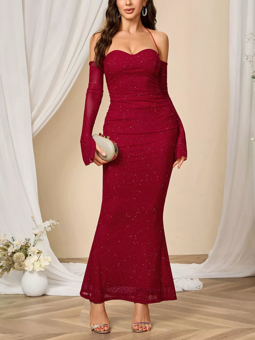Glitter Sweetheart Neck Long Sleeve Maxi Dress - Lara Moda
