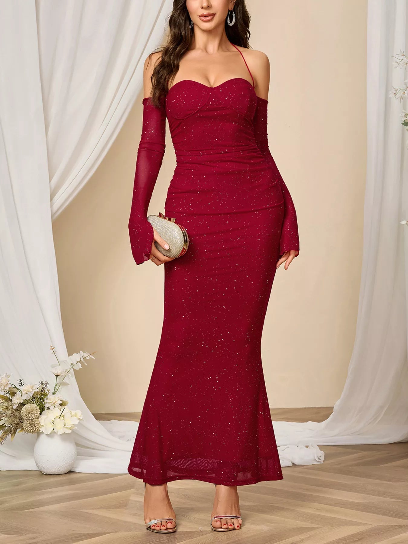 Glitter Sweetheart Neck Long Sleeve Maxi Dress - Lara Moda