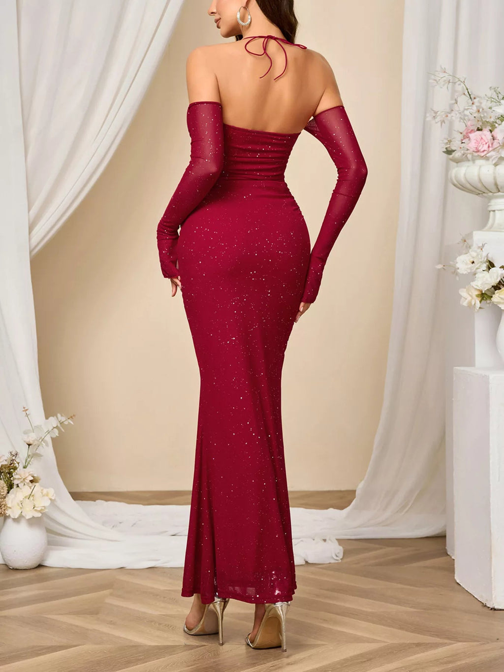 Glitter Sweetheart Neck Long Sleeve Maxi Dress - Lara Moda