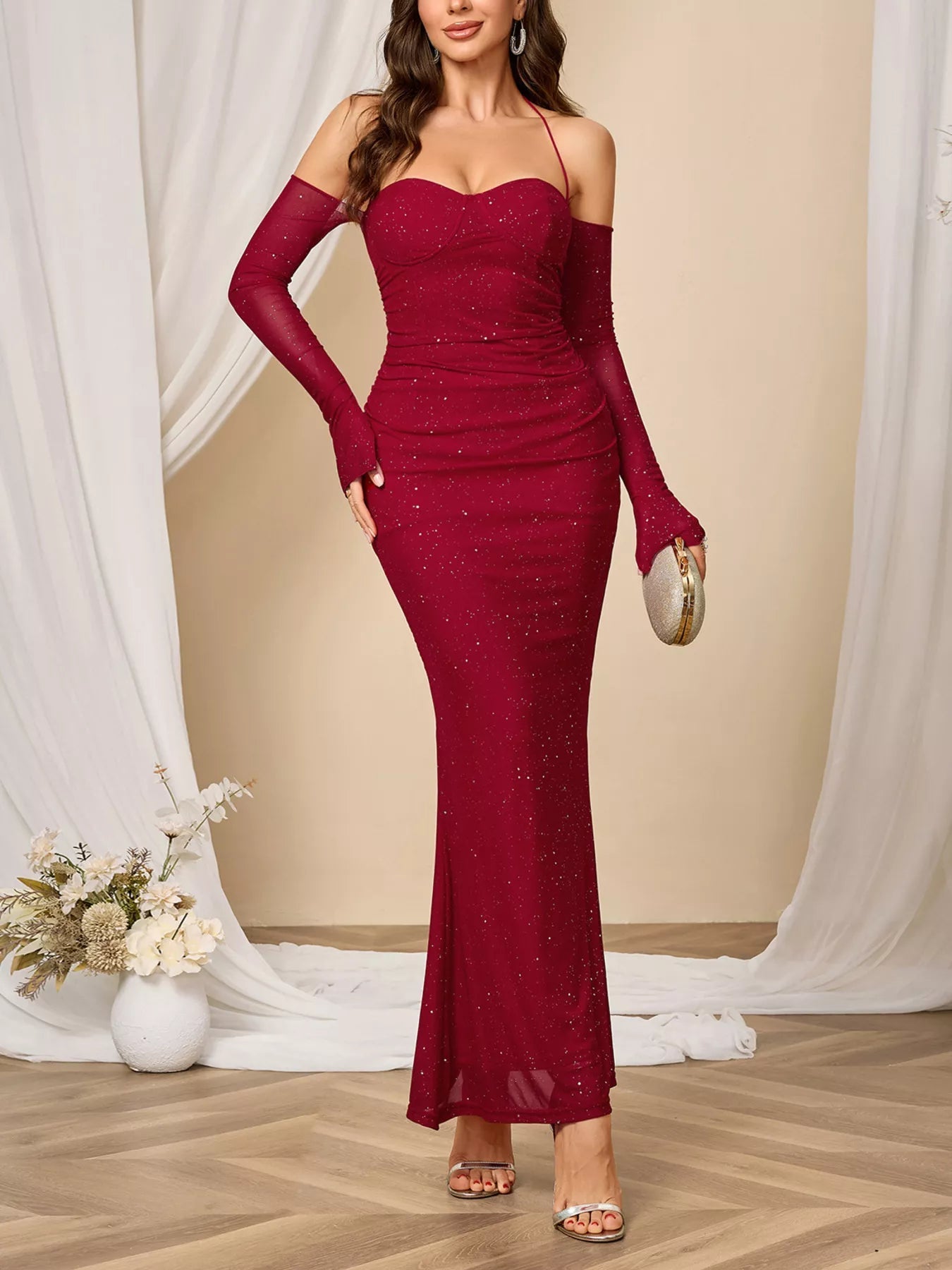 Glitter Sweetheart Neck Long Sleeve Maxi Dress - Lara Moda