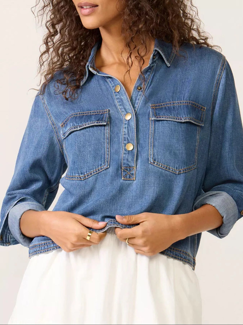 Half Snap Cropped Denim Top - Lara Moda