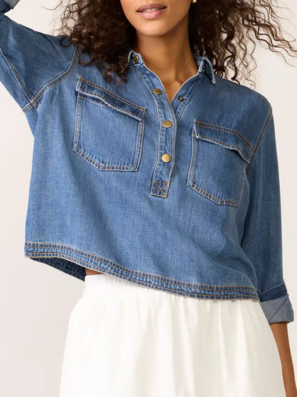Half Snap Cropped Denim Top - Lara Moda