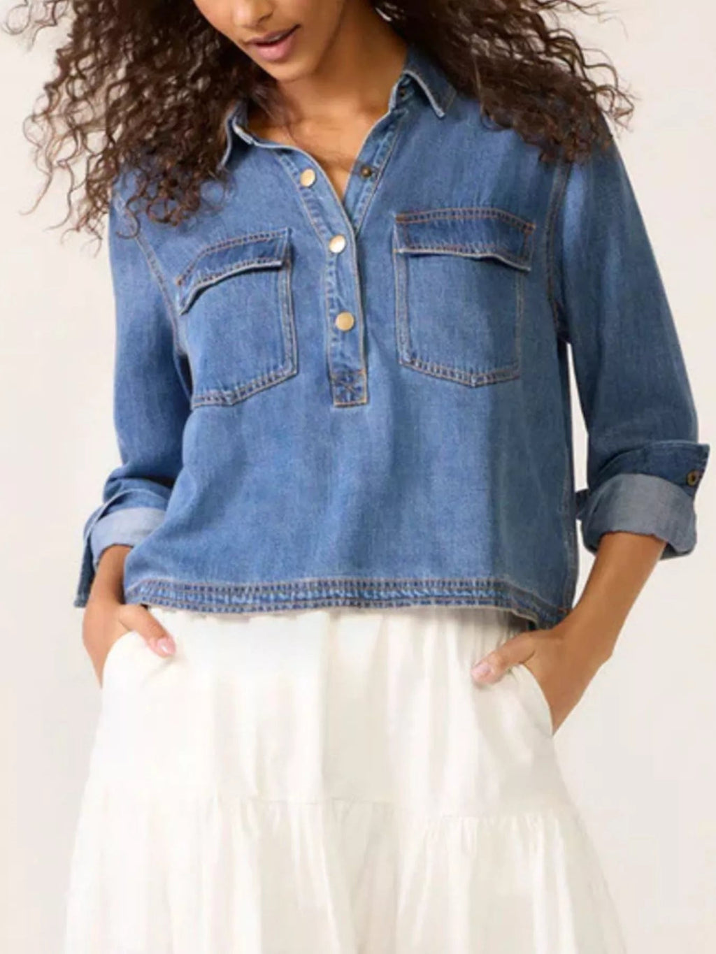 Half Snap Cropped Denim Top - Lara Moda