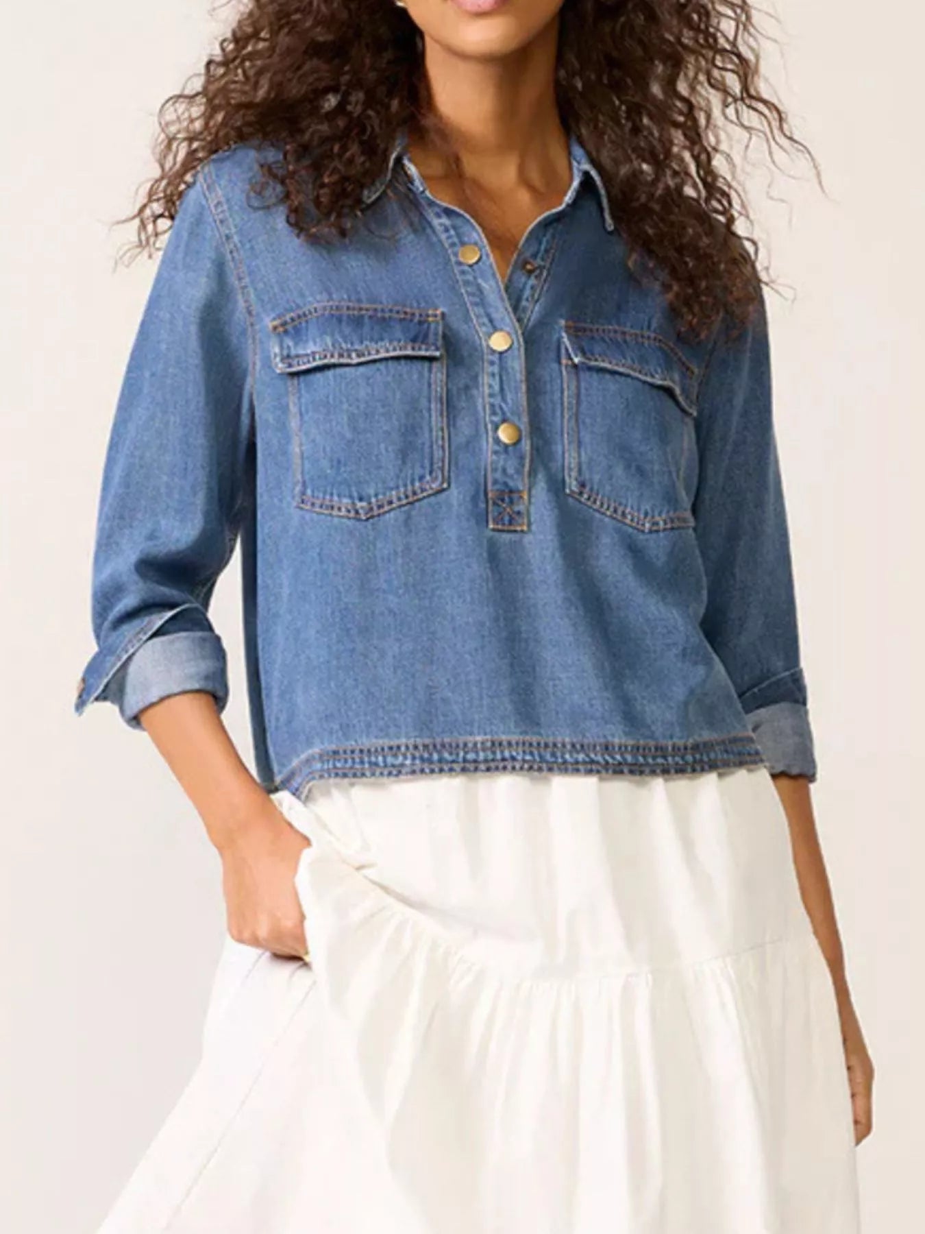 Half Snap Cropped Denim Top - Lara Moda