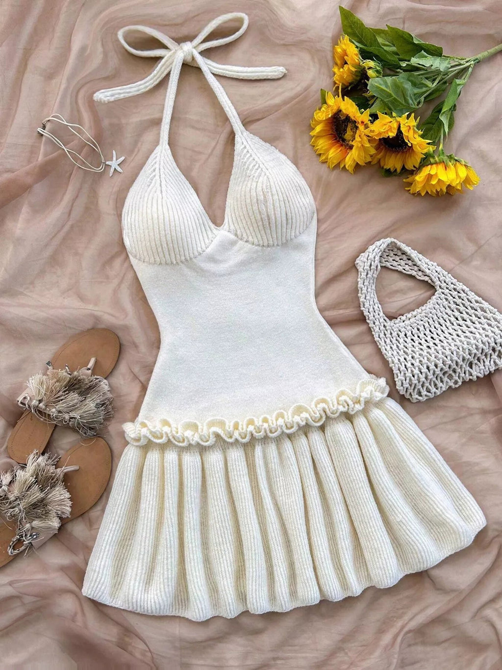 Halter Neck Ruffle Hem Knit Sweater Dress - Lara Moda
