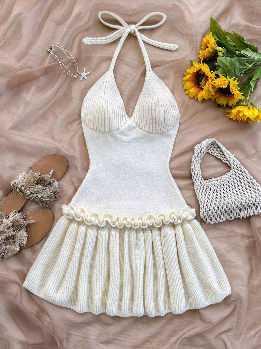 Halter Neck Ruffle Hem Knit Sweater Dress - Lara Moda