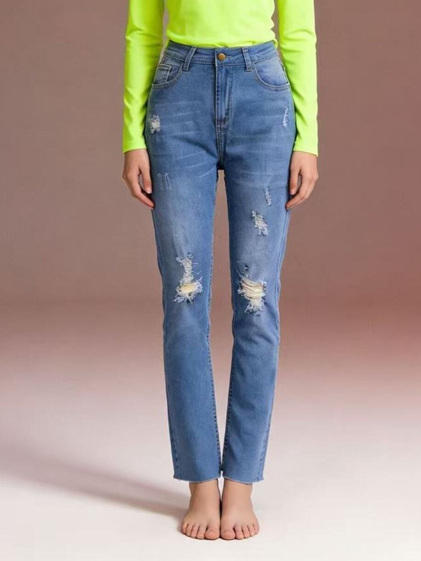 High-Waisted Distressed Jeans - Lara Moda