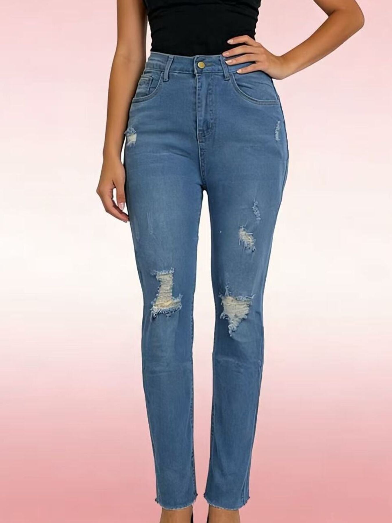 High-Waisted Distressed Jeans - Lara Moda