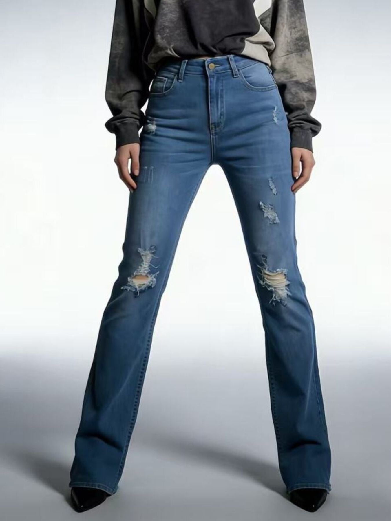 High-Waisted Distressed Jeans - Lara Moda