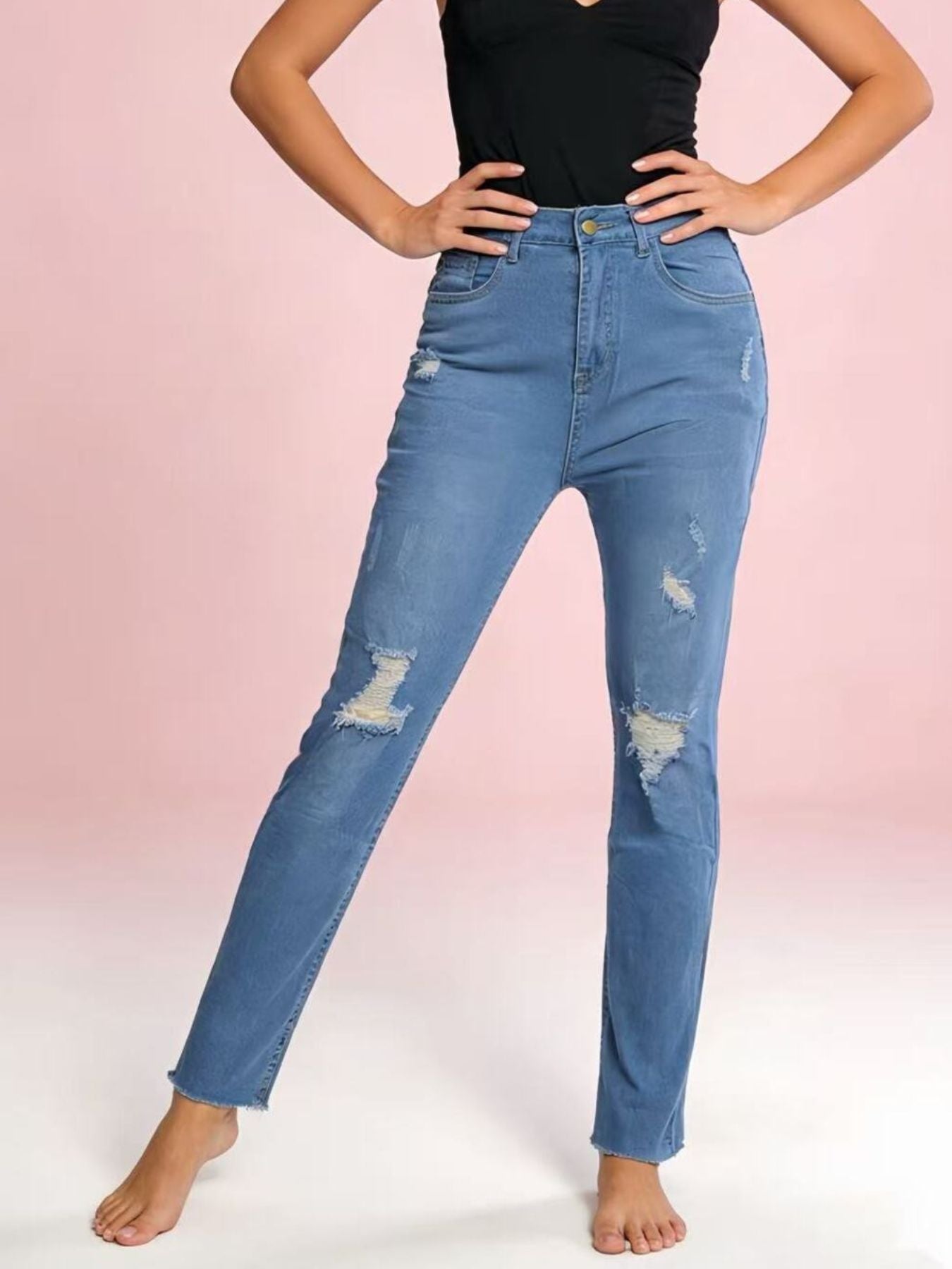 High-Waisted Distressed Jeans - Lara Moda