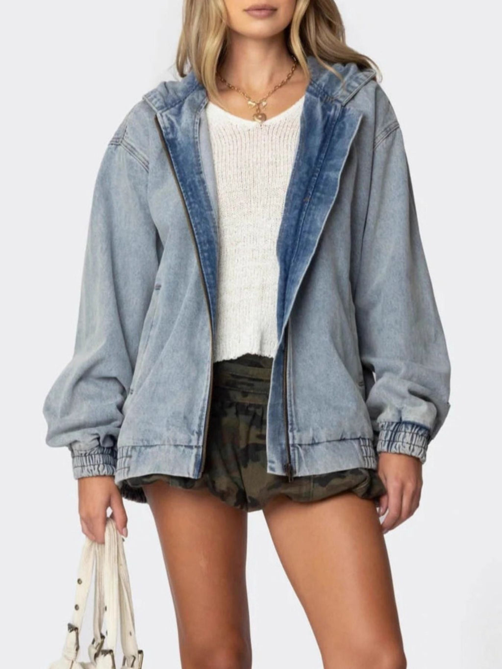 Hooded Oversized Zip Up Denim Jacket - Lara Moda