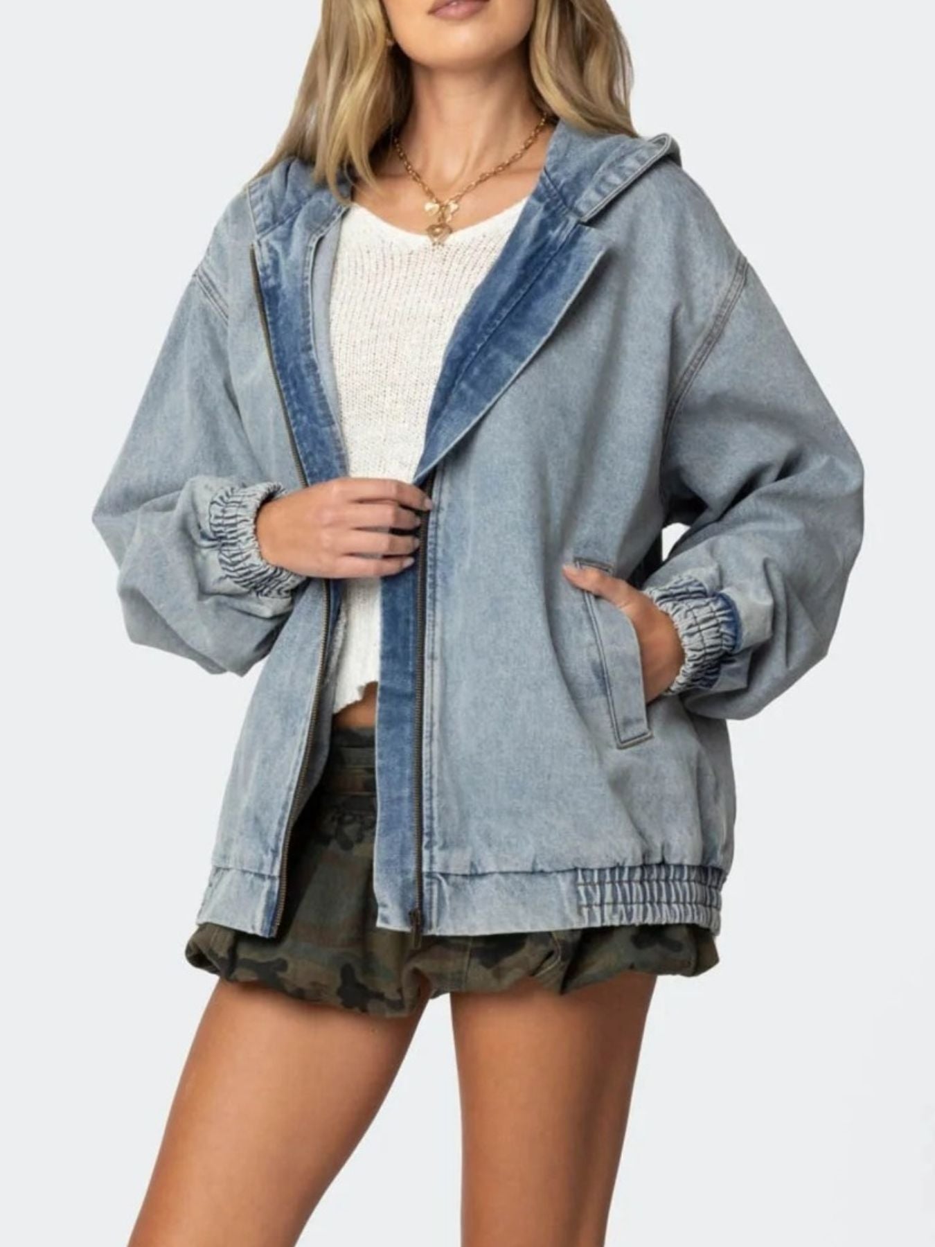 Hooded Oversized Zip Up Denim Jacket - Lara Moda