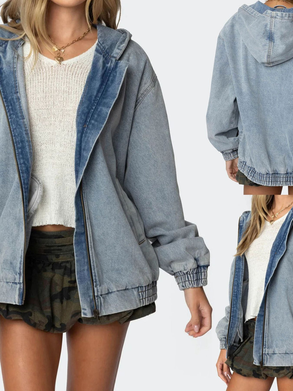 Hooded Oversized Zip Up Denim Jacket - Lara Moda
