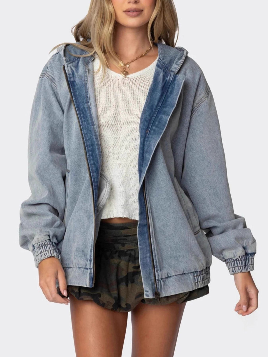 Hooded Oversized Zip Up Denim Jacket - Lara Moda