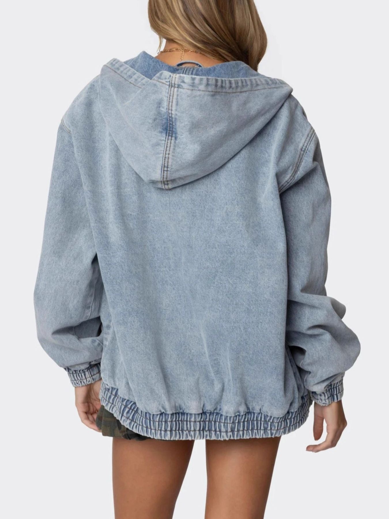 Hooded Oversized Zip Up Denim Jacket - Lara Moda