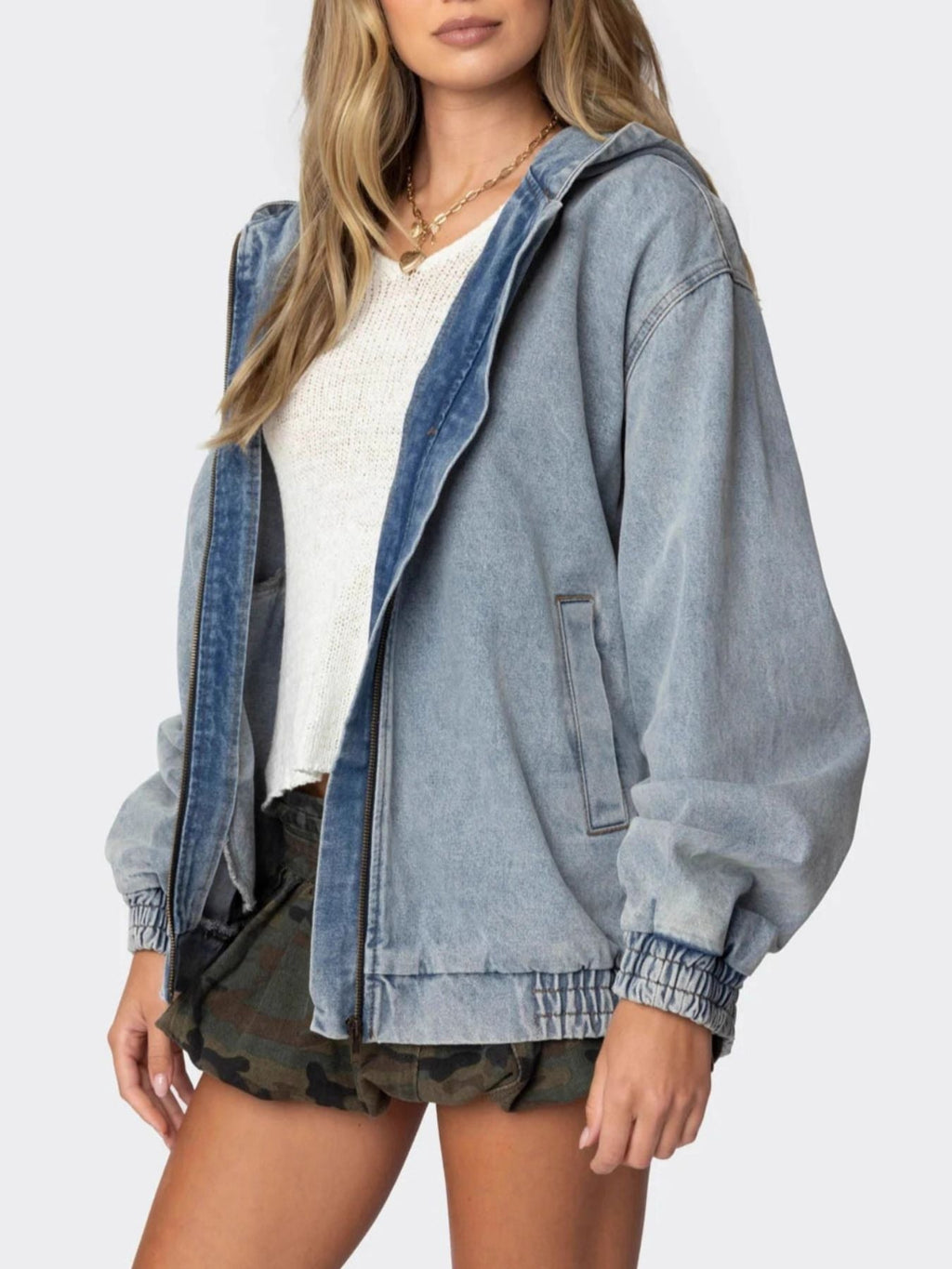 Hooded Oversized Zip Up Denim Jacket - Lara Moda
