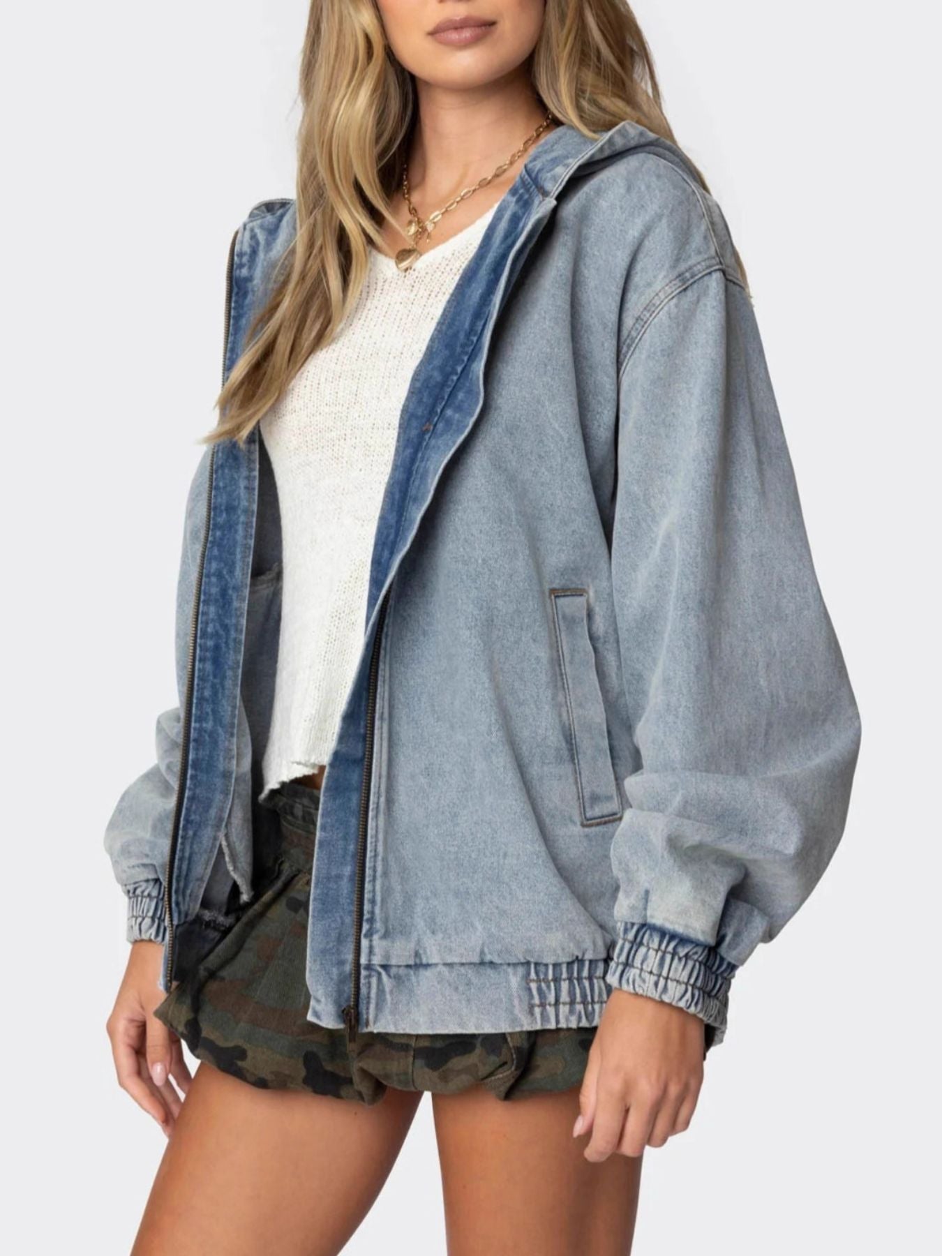 Hooded Oversized Zip Up Denim Jacket - Lara Moda
