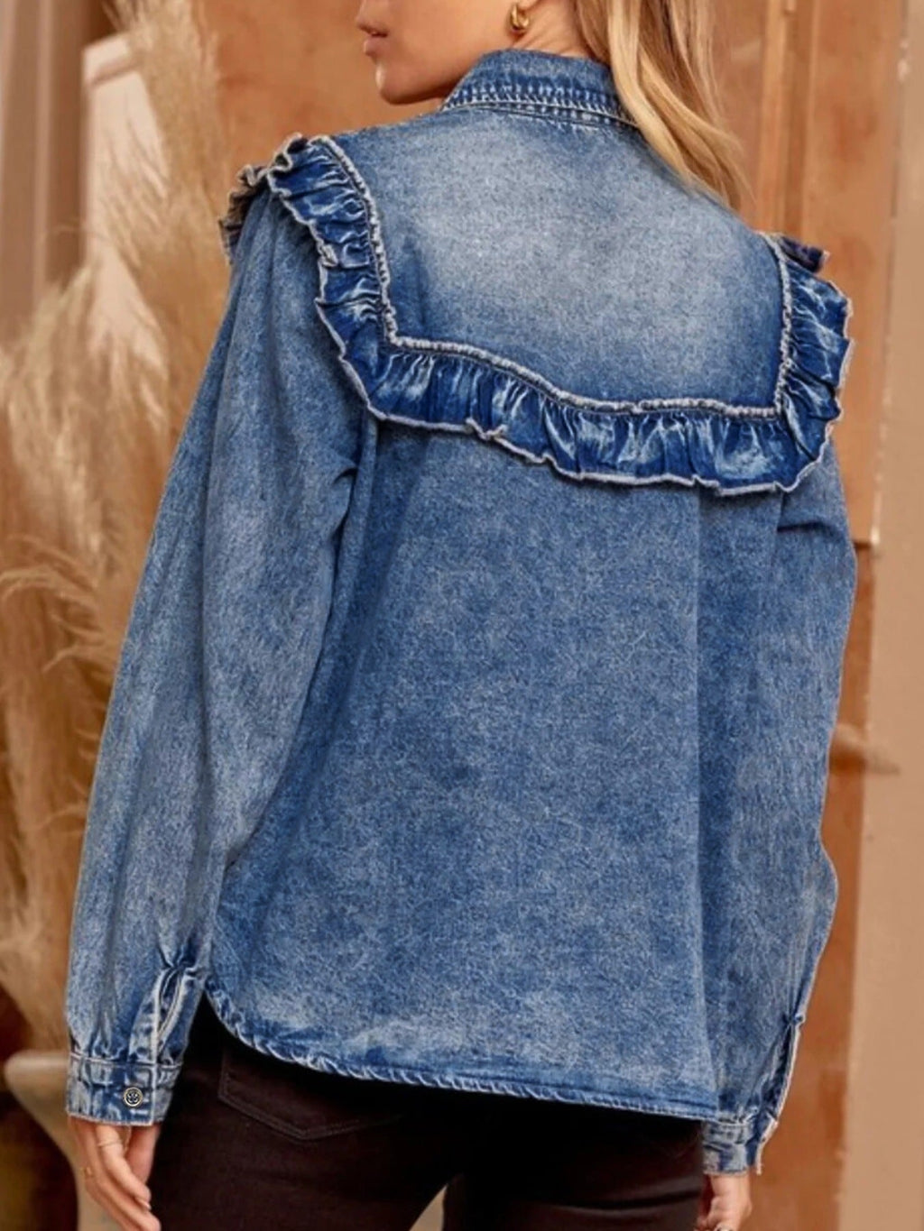 intage Wash Denim Ruffle Detail Button Down Shirt - Lara Moda