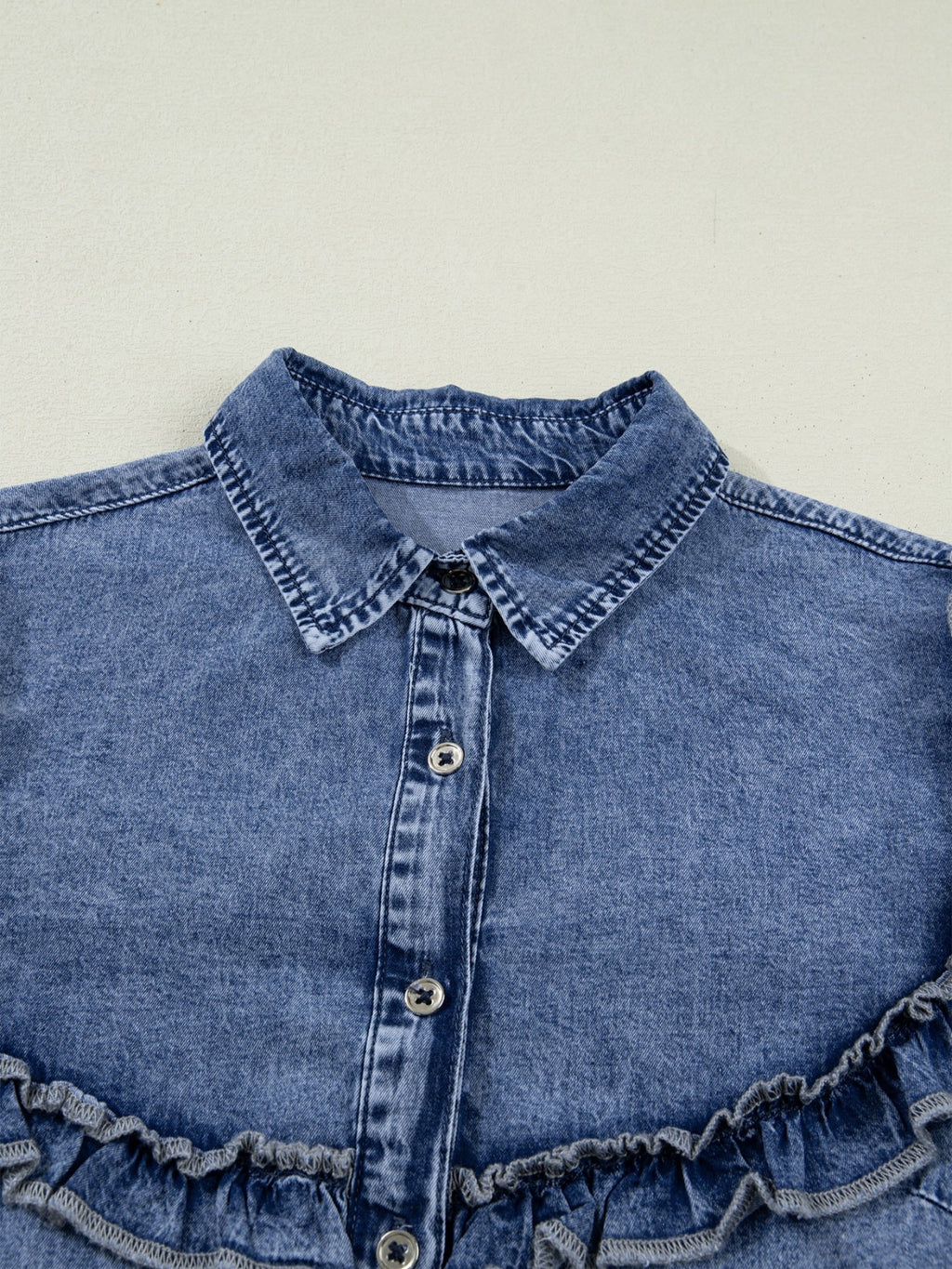 intage Wash Denim Ruffle Detail Button Down Shirt - Lara Moda